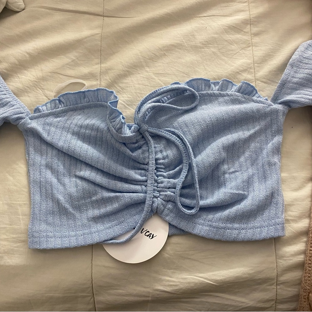 Blue Ruched Off-Shoulder Top